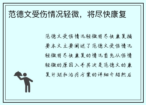 范德文受伤情况轻微，将尽快康复